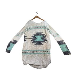 Luna Chic Southwestern Geometric Tunic Top Cream Mint Long Sleeve Scoop Neck